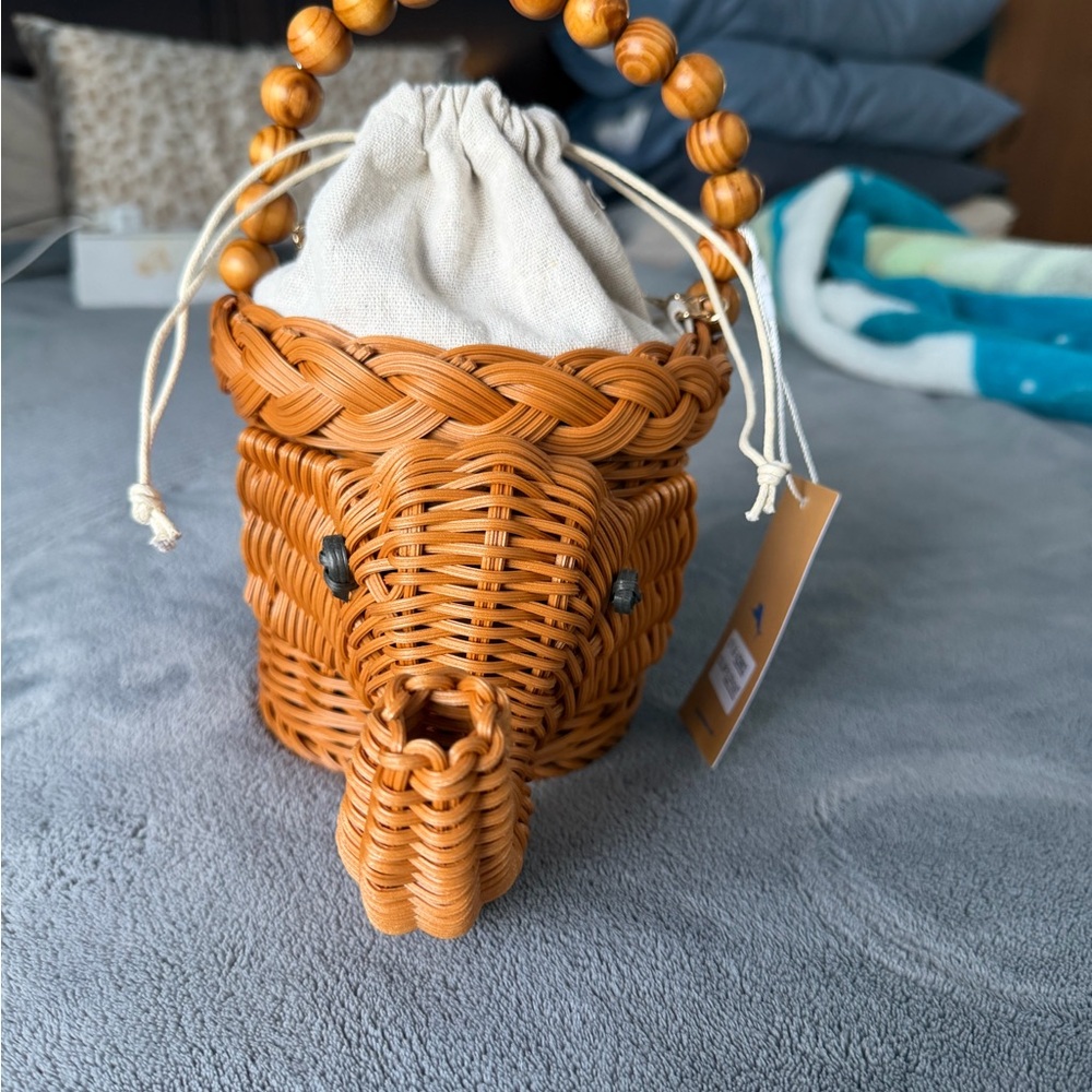 Woven Elephant shaped Handbag with Beaded Handle and Removable Chain Strap